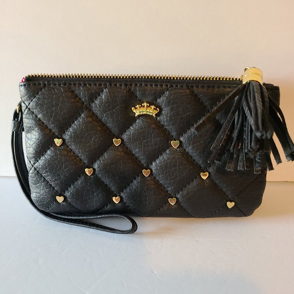 JUICY COUTURE BLACK CLUTCH QUILTED DOUBLE ZIPPER TASSEL WRISTLET GOLD HEARTS